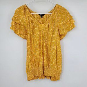 Express Yellow Flutter Sleeve Women's Smocked Hem Dotted Blouse Shirt Large